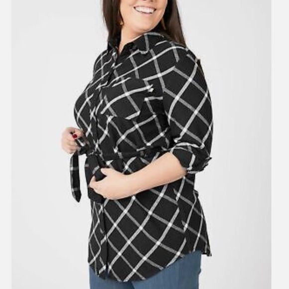 Agnes & Dora black ivory window pane flannel button up tunic top belt size XL - Picture 2 of 11